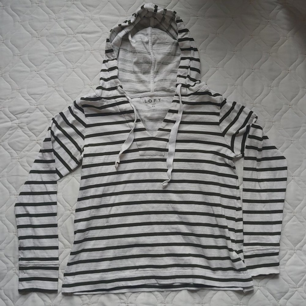 Loft Green Striped Long Sleeve Hooded Shirt